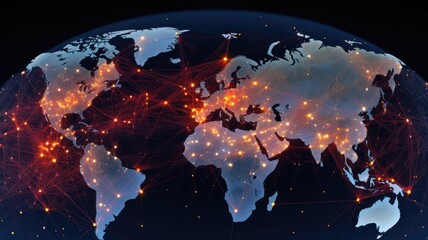 Fototapeta premium A global map with nodes representing business hubs and lines showing trade routes, illustrating the expansive network that drives commerce