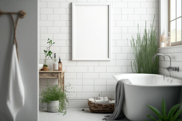 Mockup of a poster with a comfortable bathroom interior background in white. Generative AI