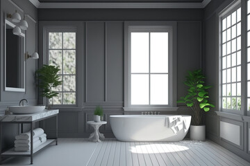 Fototapeta na wymiar Gray walls, wooden floor, white bathtub, and large window in modern bathroom. mockup. Generative AI