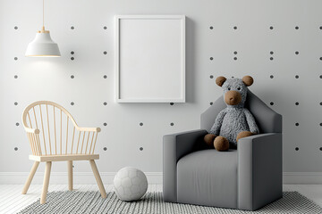 Gray armchair on light-white wall in children's room mockup. Generative AI