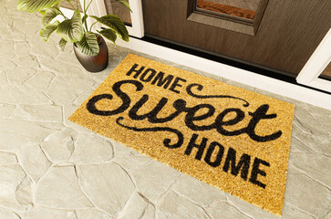 Home Sweet Home doormat on the porch at the front door.