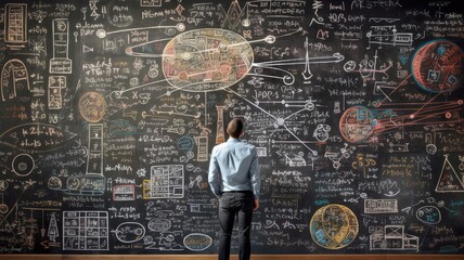 A person standing at a chalkboard covered in equations and diagrams, depicting the process of formulating and explaining theoretical frameworks