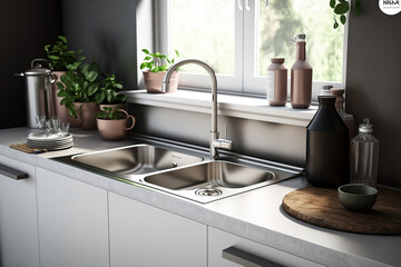 Modern kitchen with metal silver sink. Generative AI