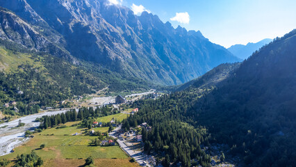 Fototapeta na wymiar Aerial view of Valbona valley and dry river in summer, Theth national park, Albanian Alps, Albania.