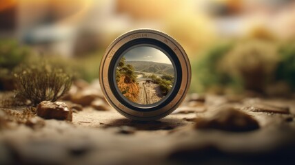 A camera lens focusing on a single element within a larger scene, symbolizing the ability to zoom in on important details within a vision - obrazy, fototapety, plakaty