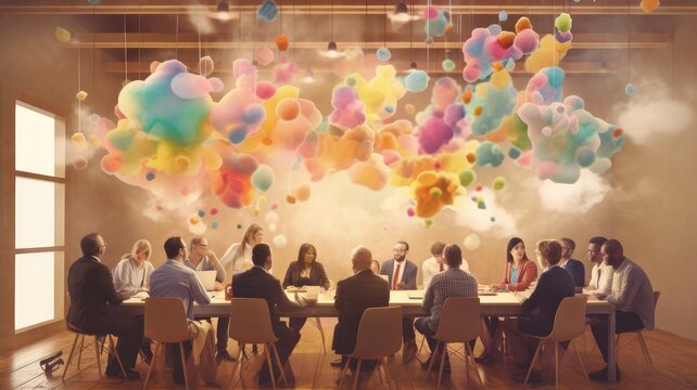 A brainstorming session with people surrounded by colorful thought bubbles, capturing the collaborative nature of idea generation