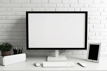Modern pc with blank screen on white and wooden table in white brick room with mockup paper on wall. Advertising. Generative AI