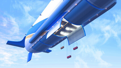 Concept 3d illustration render of future dirigble transportation with zeppelin, airship etc. loading containers for transporting. Helium filled cargo airship for shipment of goods. 