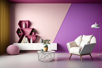 Pink wall, white leather armchair, and wooden triangular coffee table in living room. illustration. Generative AI