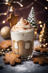 Christmas drink with cream and foam in a mug with gingerbread cookies. coffee or cocoa in the new year. gingerbread man