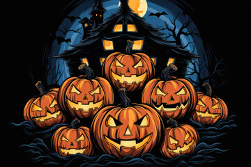 Happy Halloween background spooky scene, creepy dark night jack o lantern pumpkins and spooky graves on graveyard ghosts horror gothic evil cemetery landscape. Mysterious night moonlight backdrop.