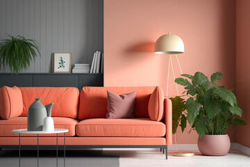Interior of a contemporary living room with a sofa, lamp, and table in the 2019 color of the year, living coral. Generative AI