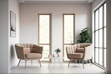 Bright room with beige-brown seats. Art, image, frame, canvas on white wall. Balcony. Generative AI