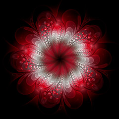 3D illustration. Fractal. Red-white macro flower on a black background. Graphic element, background, texture for web design.