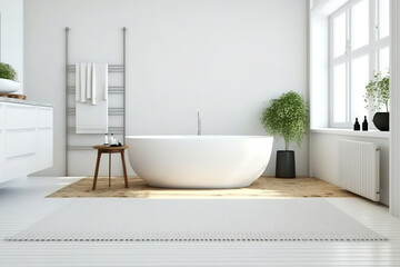 Fototapeta na wymiar Panoramic minimalistic white wall bathroom with wooden floor and white bathtub. Floor rug. Mock wall. Generative AI