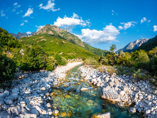 Beautiful Valbona river valley in summer, Theth national park, Albanian Alps, Albania