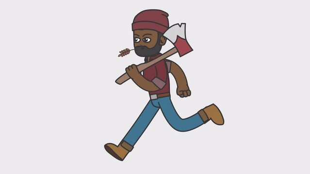 Black male lumberjack runs holding an ax in his hands. Looped 4K video with alpha-channel.