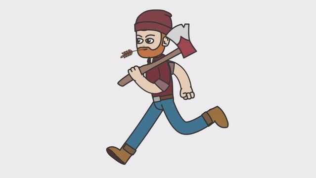 White male lumberjack runs holding an ax in his hands. Looped 4K video with alpha-channel.