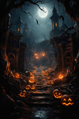 Happy Halloween background spooky scene, creepy dark night jack o lantern pumpkins and spooky graves on graveyard ghosts horror gothic evil cemetery landscape. Mysterious night moonlight backdrop.