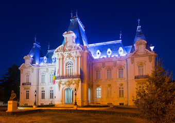 Fototapeta na wymiar Night view of Craiova Art Museum housed in sumptuous Constantin Mihail Palace
