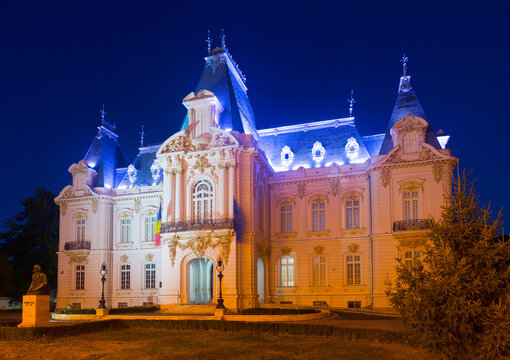 Night view of Craiova Art Museum housed in sumptuous Constantin Mihail Palace