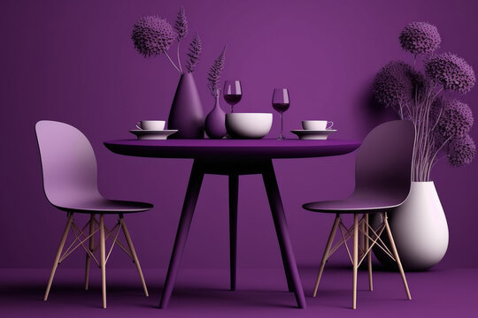 A purple background isolates a dining table and chairs for presentations and online drawings. Generative AI