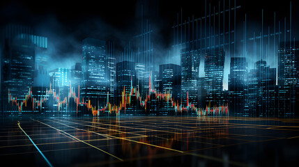 Business investment broker concept with multiple display screens with stock market chart and candle stick diagram. 