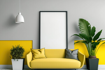 A beautiful wall, a comfy sofa, a houseplant, and empty picture frames. Generative AI