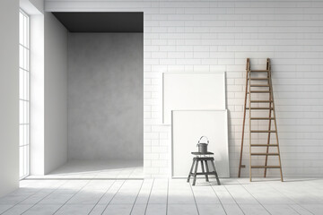 Interior with a step ladder, empty white brick wall, and carton on a concrete floor. Fixes idea. a mockup. Generative AI