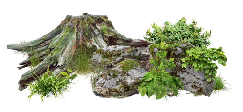 Cut out tree stump. Mossy tree roots. Old tree stub surrounded by green foliage. Dead tree isolated on transparent background