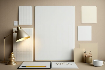 Poster and imitation cards are fastened with a binder to a gold grid board. Interior with natural beige tones with desk, light, and mood board template. Blank white paper of various sizes on a light