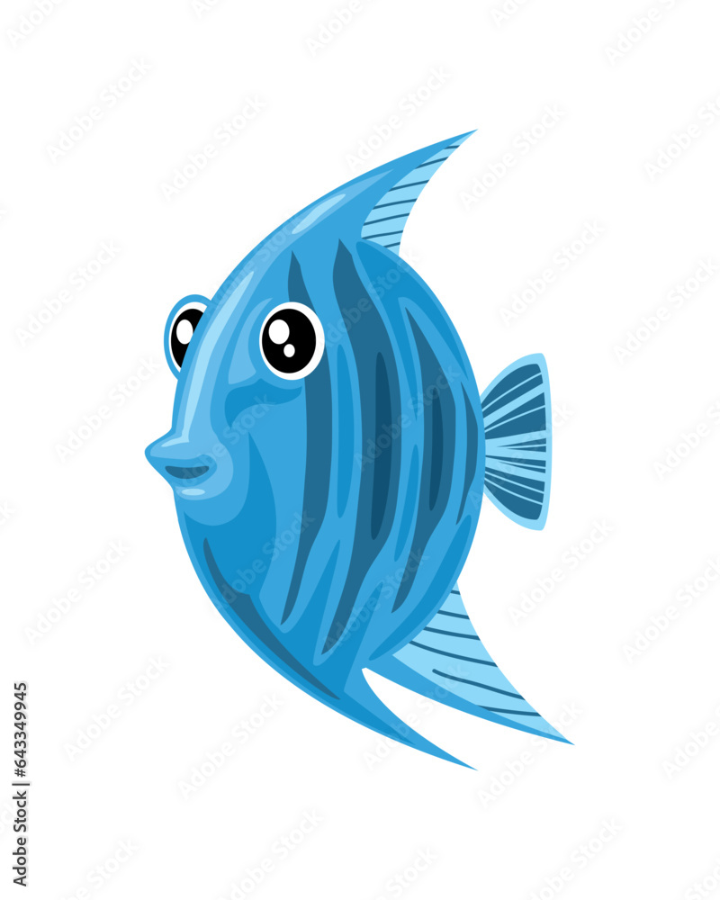 Sticker cute blue fish icon on white backgroound