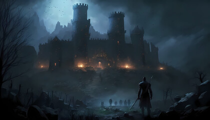 A castle at night, covered in mist, Generative AI