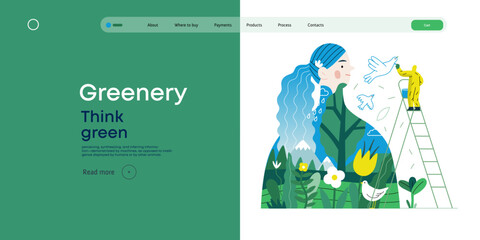 Greenery, ecology -modern flat vector concept illustration of a man painting a mural of a woman, composed with landscape. Metaphor of environmental sustainability and protection, closeness to nature © grivina