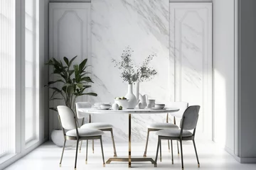 Fotobehang Realistic close-up of a void on a white modern marble dining table with traditional chinese wooden chairs, a luxurious wall decoration background, and decor house plants early morning sun, Display © Sona