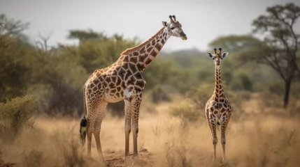 Fotobehang Two Giraffes in the savannah. Background with a Copy Space. Space for text. © John Martin
