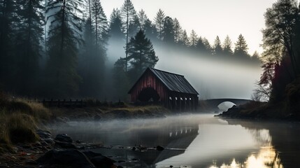A covered bridge on a foggy autumn day. Generative AI. 