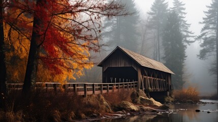 A covered bridge on a foggy autumn day. Generative AI.  - obrazy, fototapety, plakaty