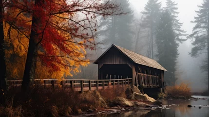 Papier Peint photo Chocolat brun A covered bridge on a foggy autumn day. Generative AI. 