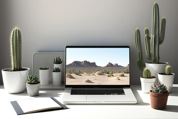 Open laptop with a blank screen in a plain office with decorations and cactus pots. Generative AI