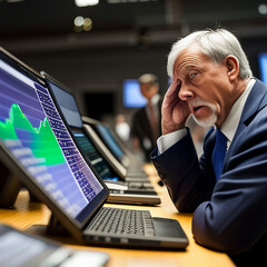 Stockbroker frustrated watching price movements on stock market chart computer screens