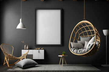 Contemporary room with empty poster on black wall and hanging chair. Gallery idea. a mockup. Generative AI