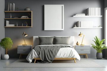 Grey walls, a concrete floor, a master bed, and a nook with a book shelf in a modern, trendy bedroom. On the wall, three white framed posters. concept mockup. Generative AI