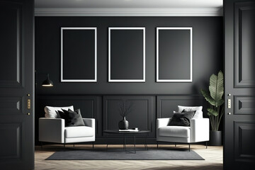 Fototapeta na wymiar Modern living room with panoramic window and three white posters on a black wall. Oak parquet. minimalism. Mockup. Generative AI