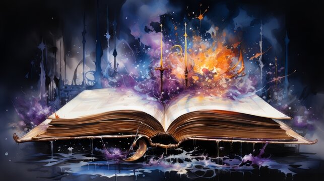 A fantasy book open bursting with magic and knowledge. Generative AI. 