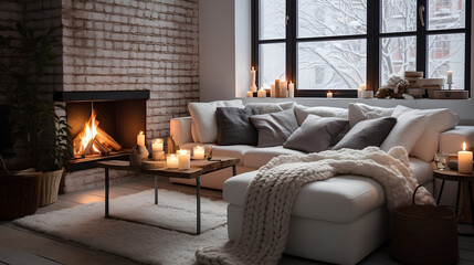 Cozy winter composition in the interior of a European city apartment, detailed home decor 