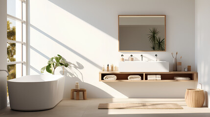 Full of sun light white minimalistic bathroom - obrazy, fototapety, plakaty