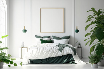 Interior Photo of Warm Bedroom With Modern Furniture And Pot With Green Home Plant Over White Wall Background, Copy Space, With Large Comfortable Double Bed In Trendy Room With Minimalistic Design