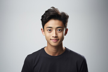 Obraz premium Portrait of a smiling young Asian man wearing a t-shirt with looking at the camera in confidently while standing alone in a grey wall background.