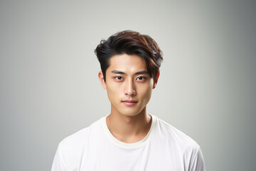 Portrait of a smiling young Asian man wearing a t-shirt with looking at the camera in confidently while standing alone in a grey wall background.